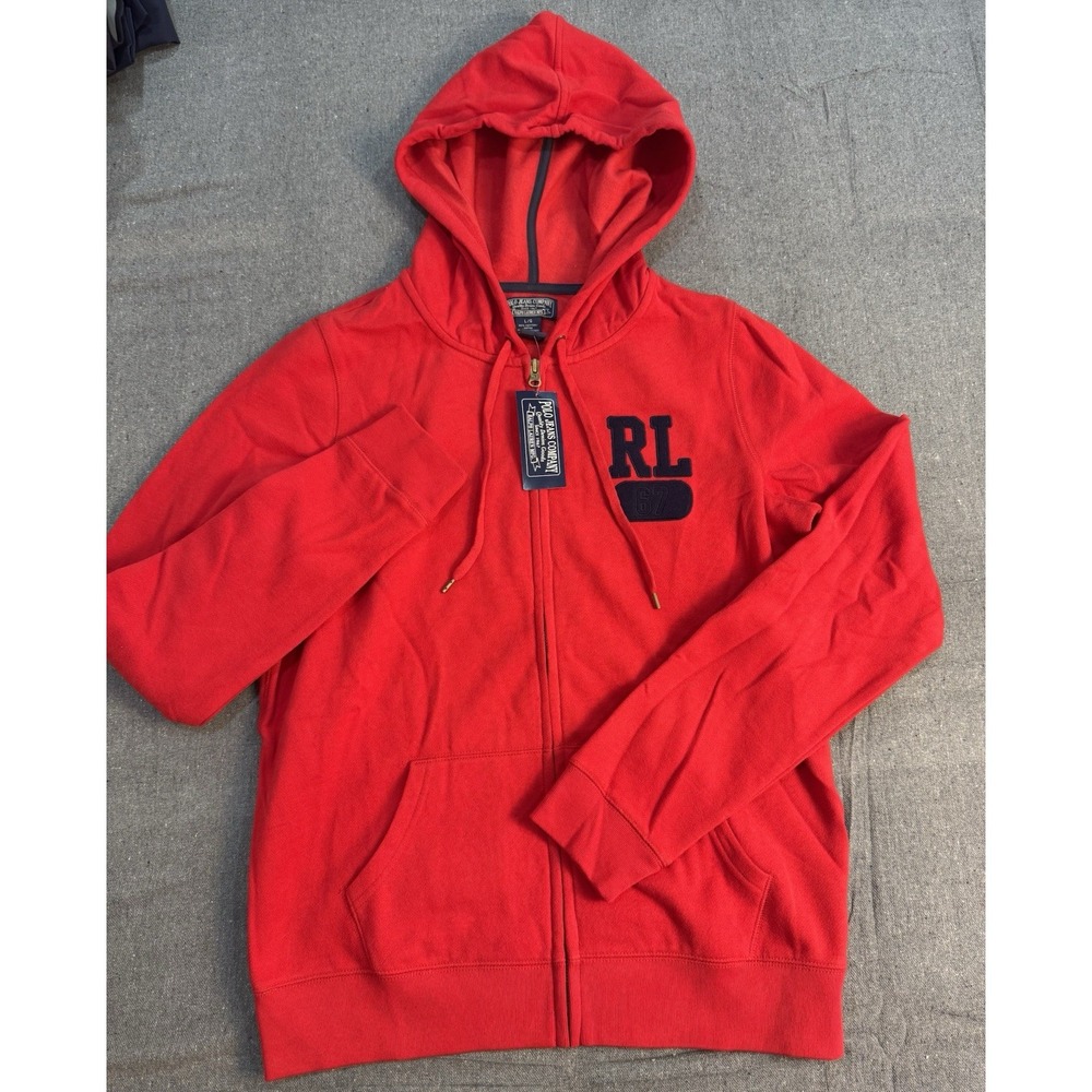 NWT Polo Jeans Co Ralph Lauren Red Full Zip Hoodie RL 67 Patch Sweatshirt L